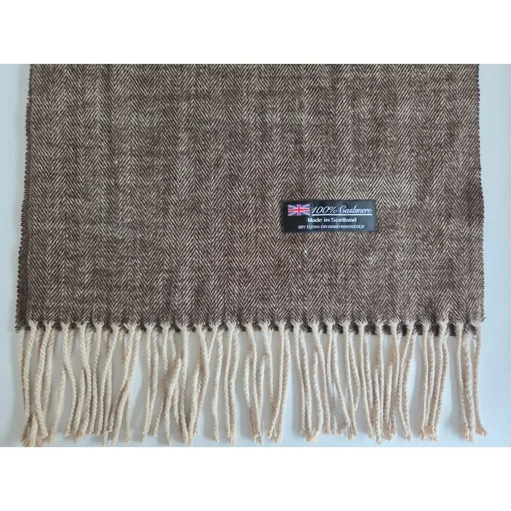 100% Cashmere Herringbone Scarf Brown Made in Scotland 67” Classic Fringe